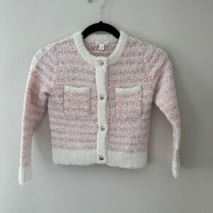 Crewcuts J.Crew Girls Pink White Striped Boucle Cardigan Gold Buttons‎ XS 4-5